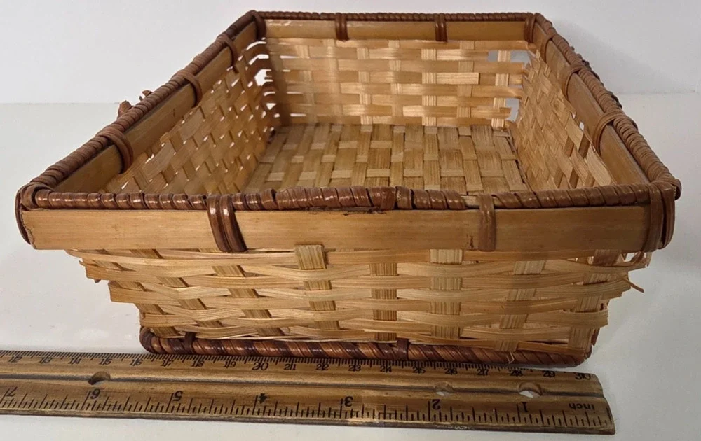 Small Rectangular Woven Bamboo Basket Tray Natural Brown Rustic Storage Decor